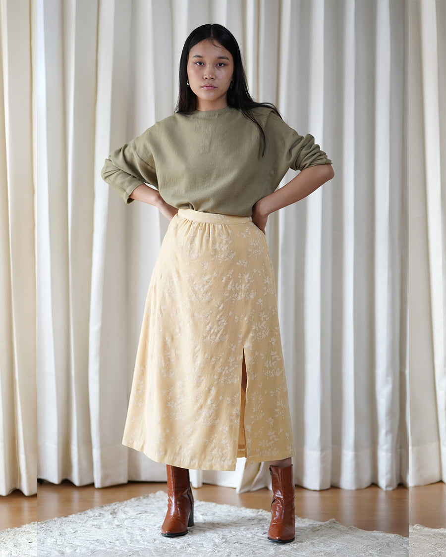 Printed Yellow Skirt with Thigh Slits