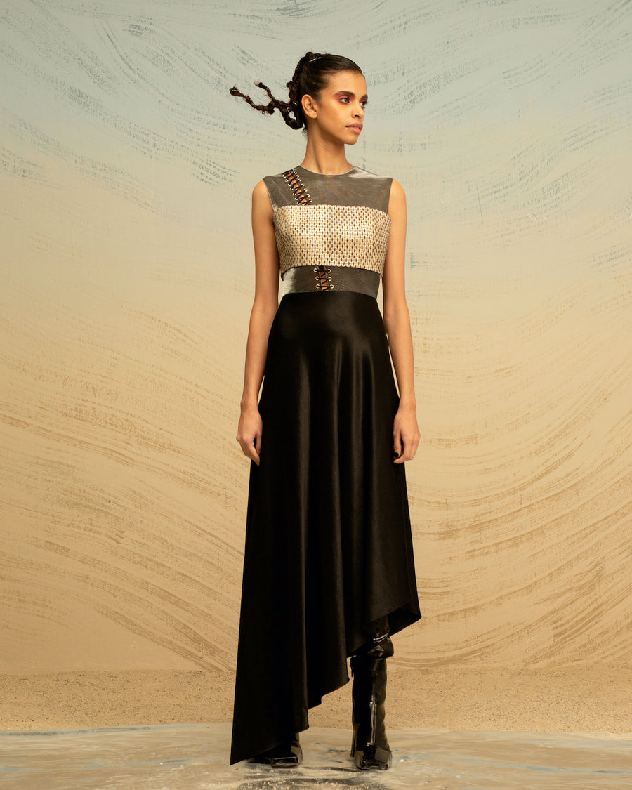 Handwoven Silk-Raffia & Textured Satin Dress