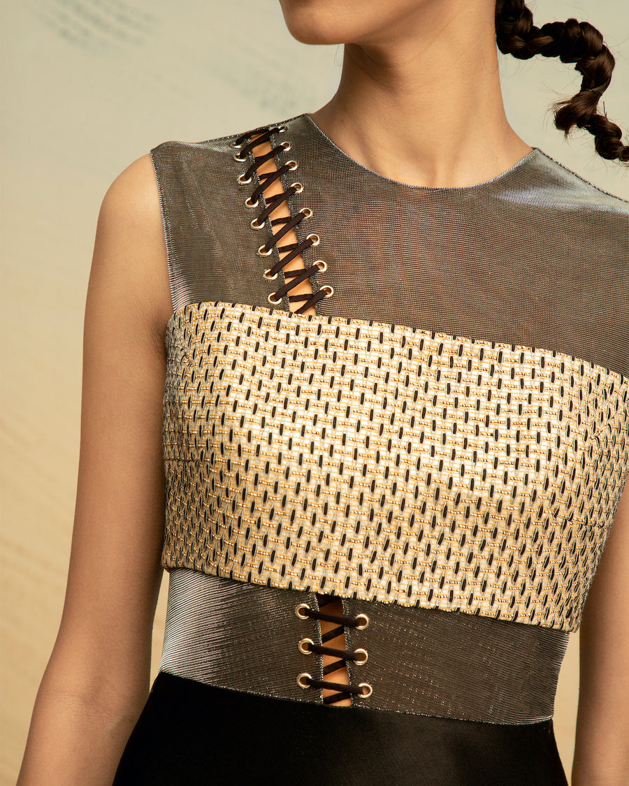 Handwoven Silk-Raffia & Textured Satin Dress