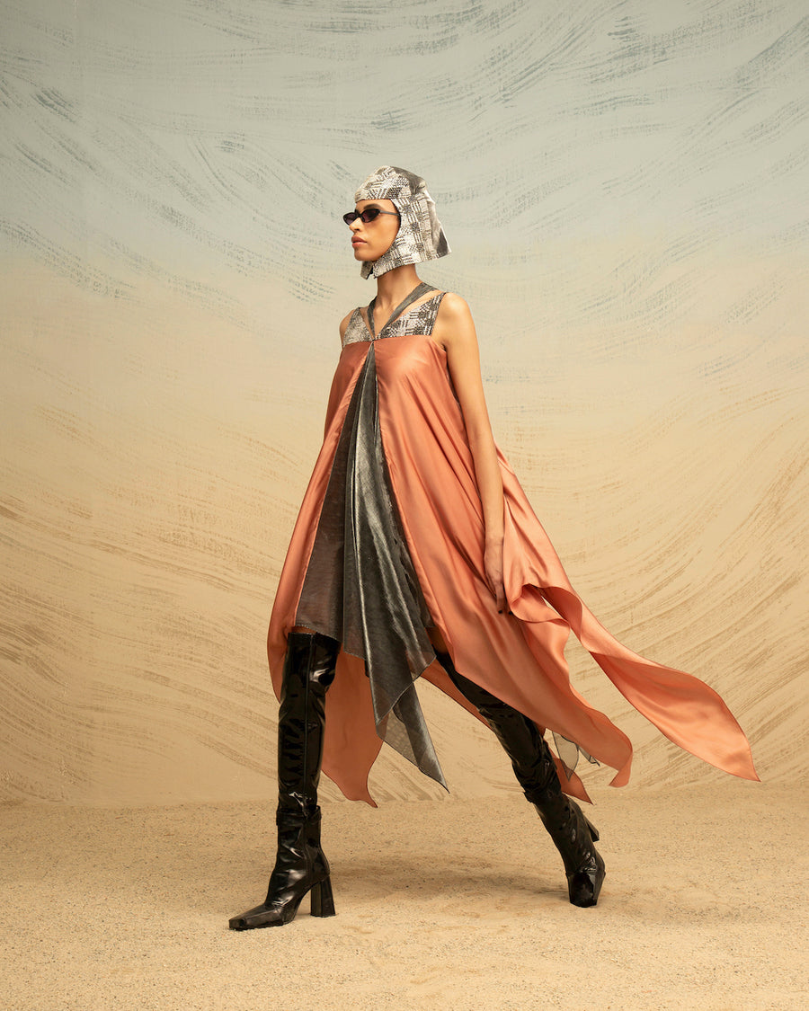 Fall Panelled Satin Dress with Triangular Sequin Yoke