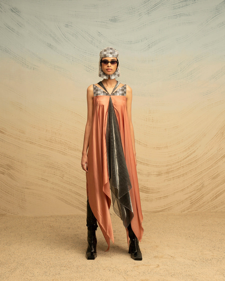 Fall Panelled Satin Dress with Triangular Sequin Yoke