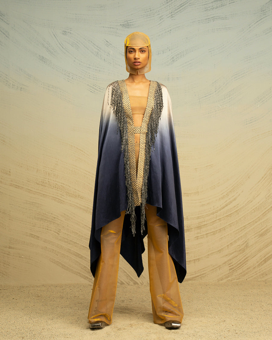 Textured Satin Cape with Fringes