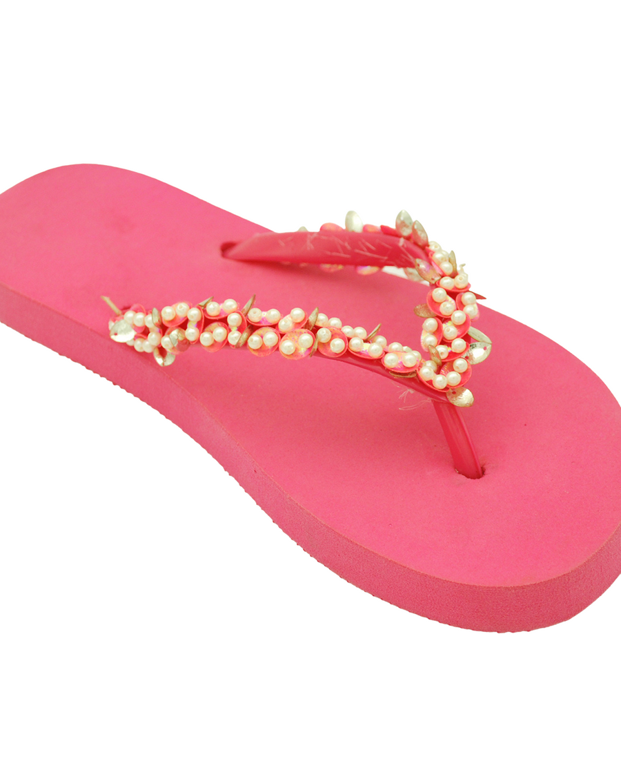 Hand Embellished Poppy Pink Flip Flops