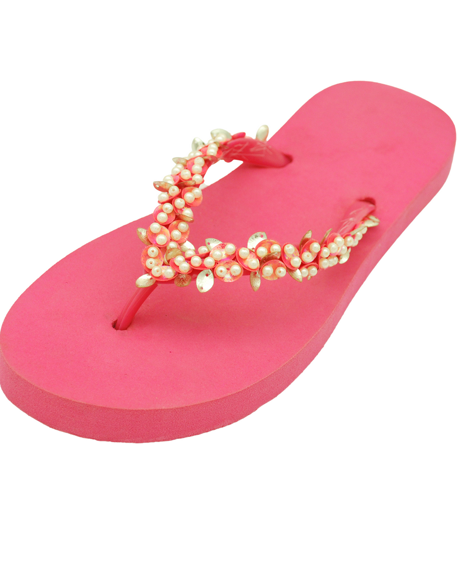 Hand Embellished Poppy Pink Flip Flops