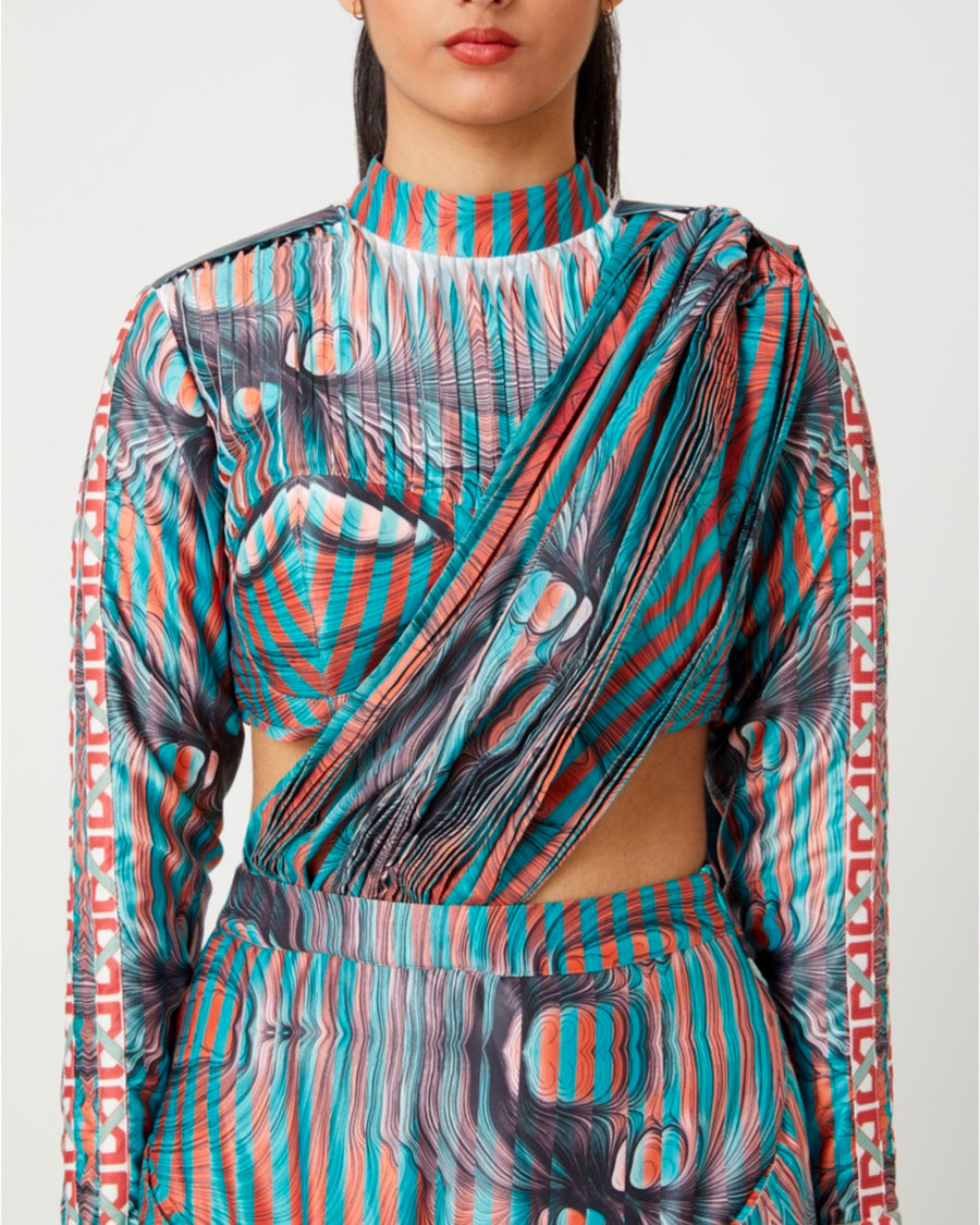 Pleated Crop Top with Modular Panel Double Slit Skirt