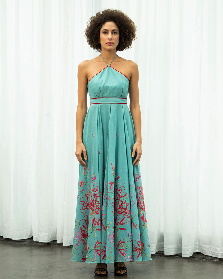 Teal Spider Lily Halter Dress