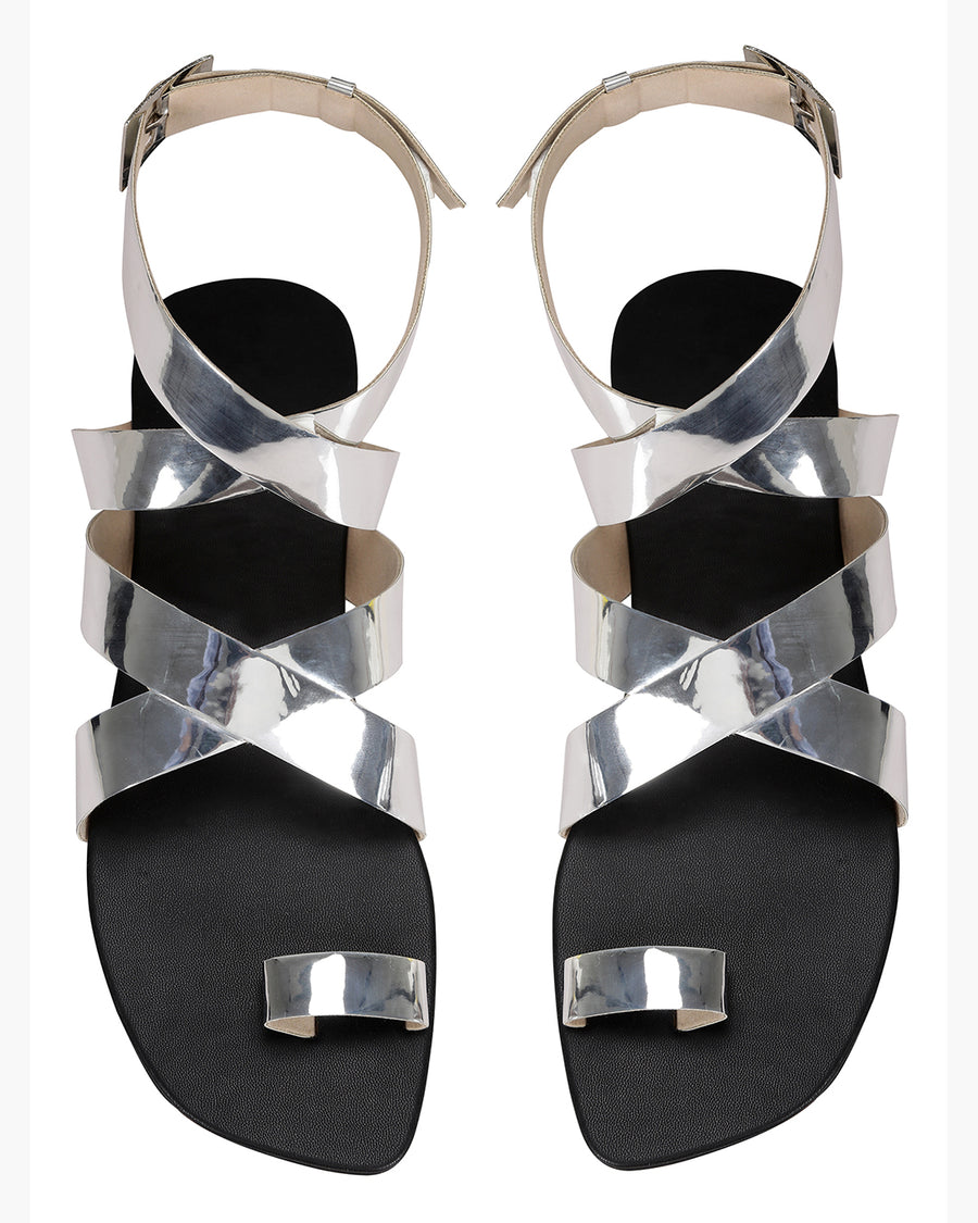 Criss Cross Ankle Flats Silver