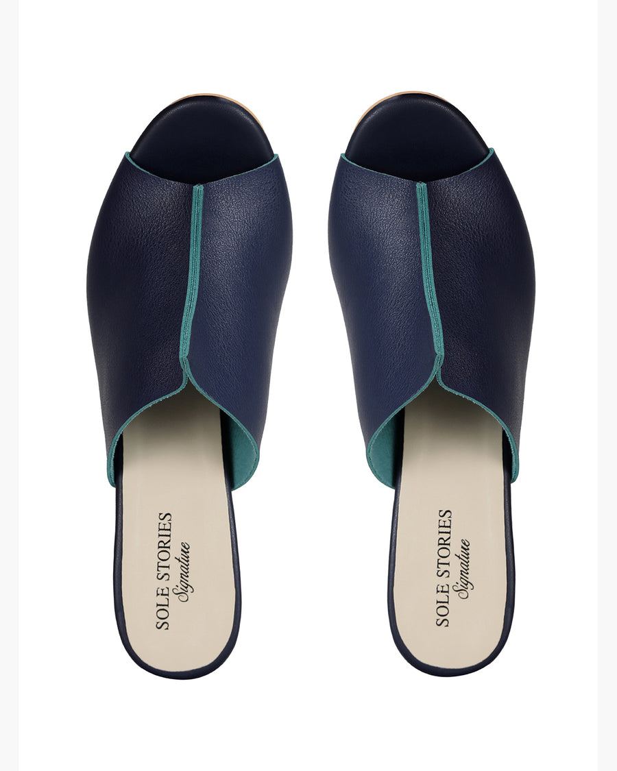 Two Toned Mules in Blue with Sea Green Lining