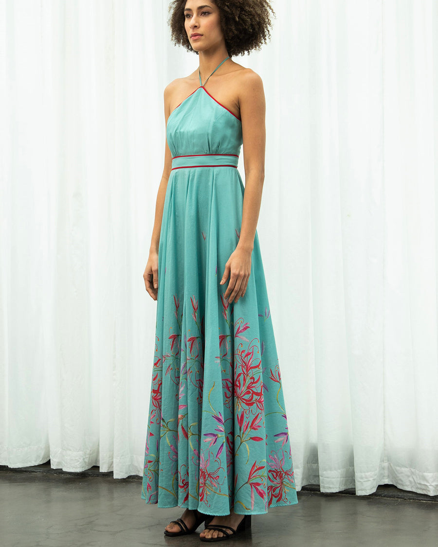 Teal Spider Lily Halter Dress