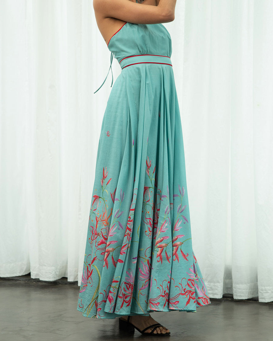 Teal Spider Lily Halter Dress