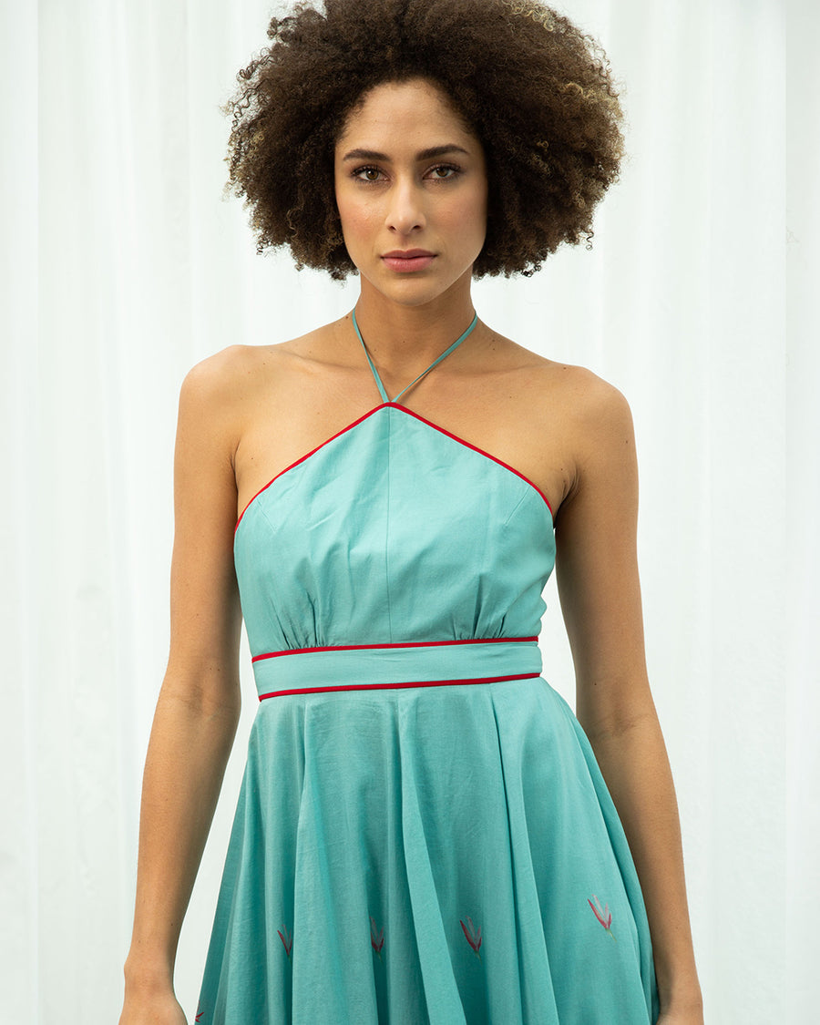 Teal Spider Lily Halter Dress