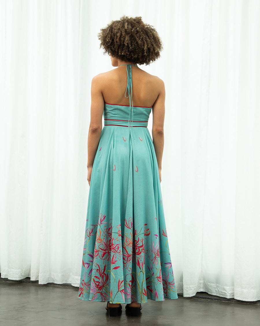 Teal Spider Lily Halter Dress